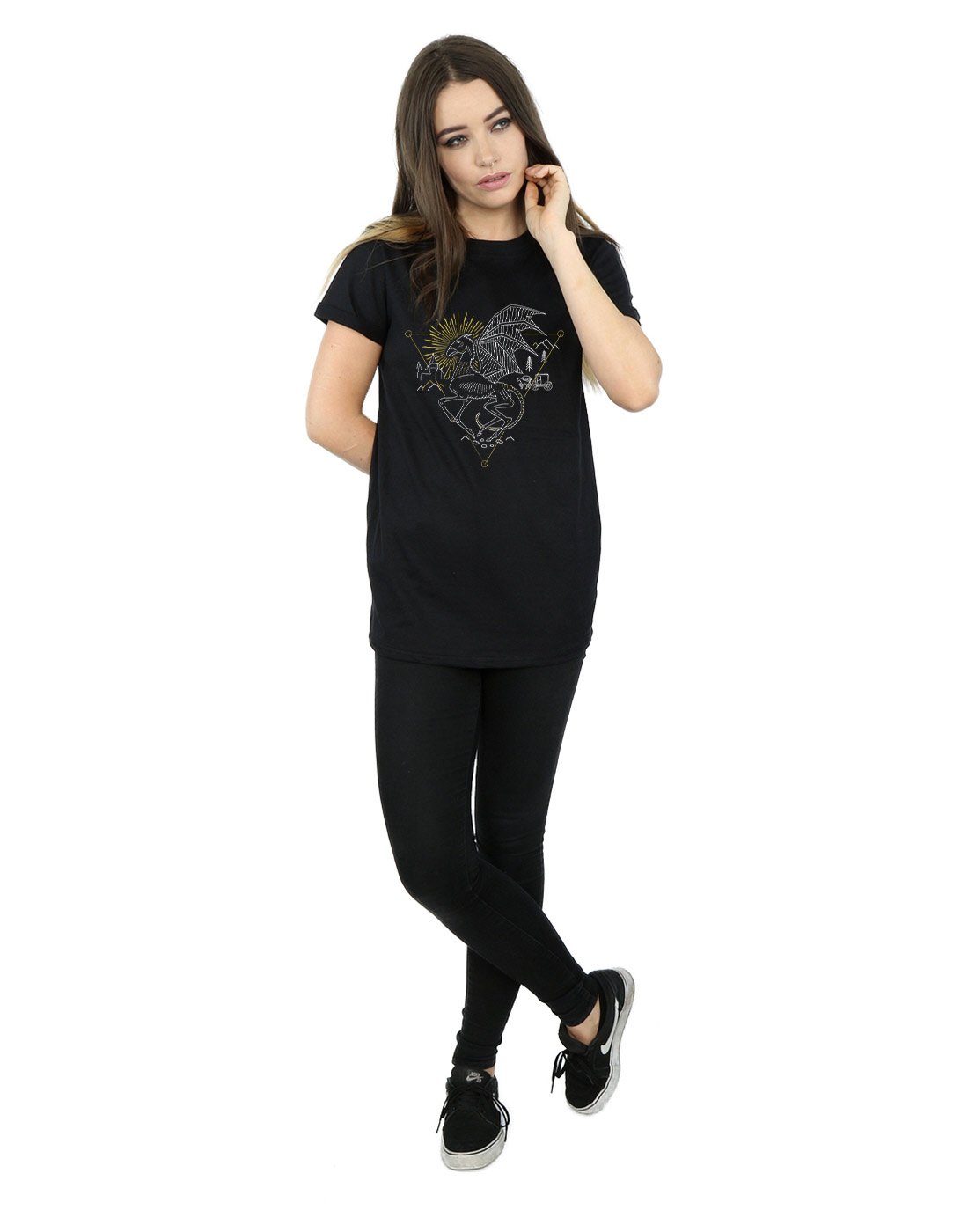Harry-Potter-Damen-Thestral-Line-Art-Boyfriend-Fit-T-Shirt-Schwarz-Medium