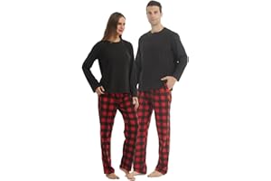 YUSHOW Pijamas a juego para parejas, conjunto de pijama a cuadros para mujeres y hombres, conjunto de camisa y pantalones de forro polar suave y cálido