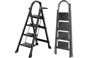 K IKIDO Escabeau pliable avec main courante, 4 marches - Antidérapant, facile à ranger - Marches larges - Convient pour la cuisine, la maison et la maison - Charge maximale : 150 kg (noir, 4 marches)