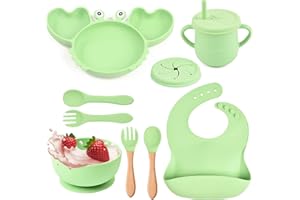 BIZCASA Toddler Feeding Set, 9PCS Silicone Baby Weaning Set with Suction Plate & Bowl, Straw Sippy Cup or Snack Cup, Adjustable Bib, Folk & Spoon, Easy Wipe Clean Feeding Sets