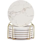Deceram 6 Pcs White Marble Coaster Set with Holder Best Absorbent Coasters Drink Stone Coasters Ceramic Wine Coasters Table C