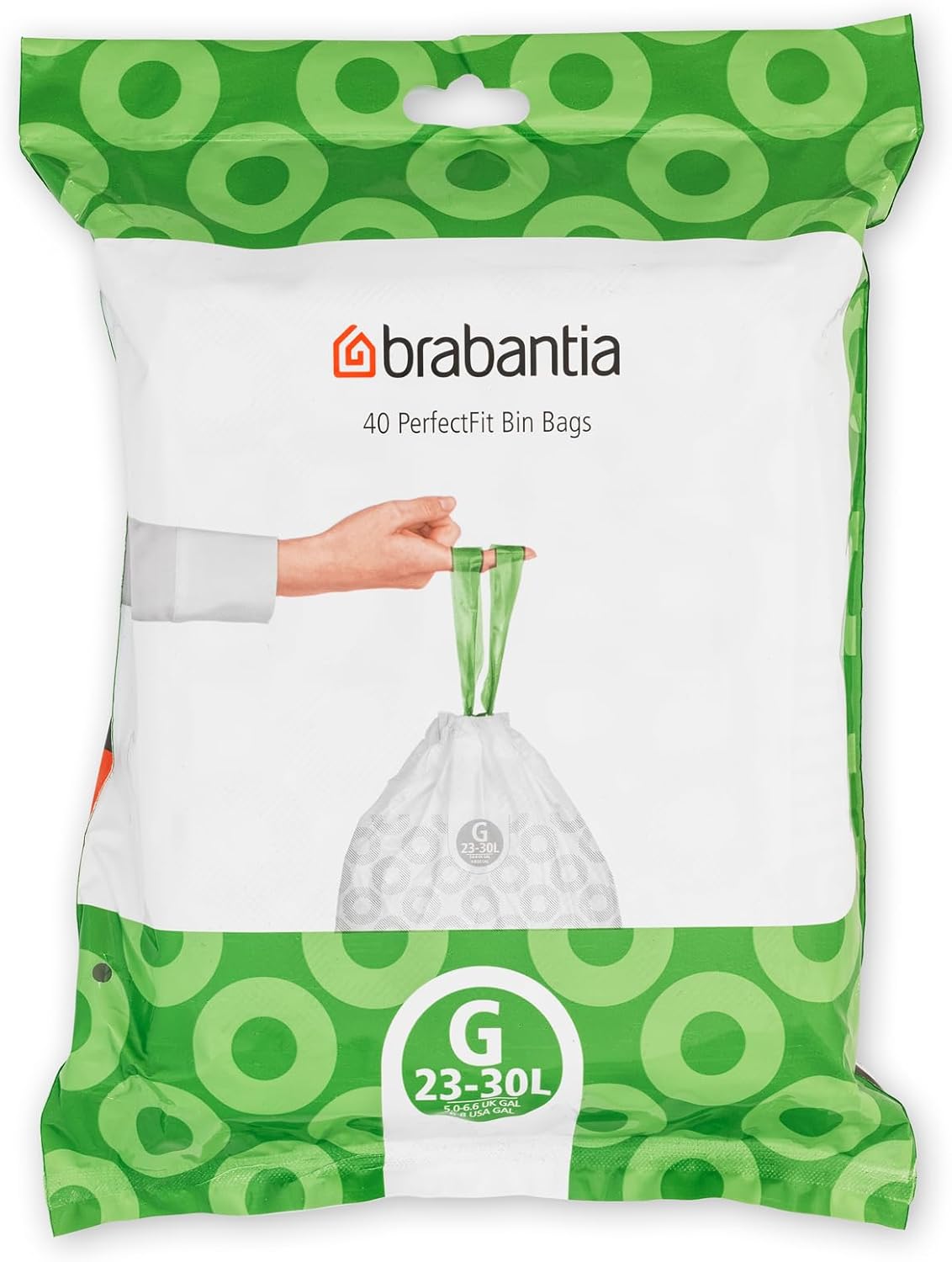 Brabantia Sacs Poubelle Perfect Fit, Code G/23-30L, Blanc, 40 sacs | Sac en plastique épais, ultra-résistant, Poignées coulissantes, remplacement de sac simplifié, Blanc à poignées vertes