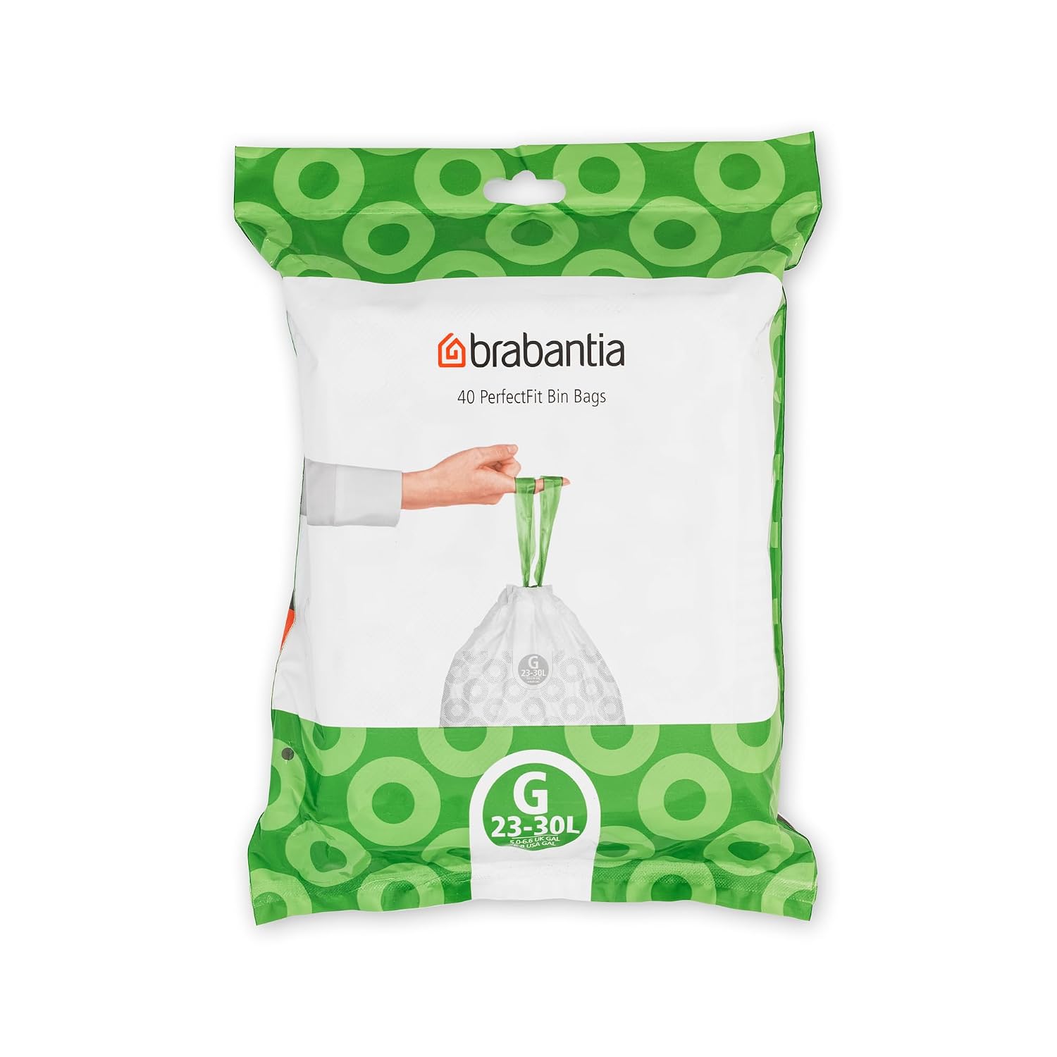 Brabantia PerfectFit afvalzakken (G-code - 23 l / 30 l), zeer robuust, met intrekbare handgrepen (40 zakken) | Trekkoordgrepen, dikke plastic vuilniszakken, probleemloze wisseling, wit met groene handgrepen