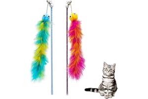 Andiker Cat Feather Toys, 2 PCS Cat Wand Toys with Bell&Plush Balls, 12in Colourful Interactive Kitten Teaser Toy, Funny Interactive Cat Toys for Indoor Cats Playing Training (Red + Green)