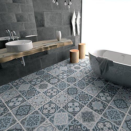 YYH 3D Blue &amp; Grey Mediterranean Pattern Floor Stickers Eco-friendly Peel &amp; Stick Wall Sticker Creative Simulation Ceramic tile Mural for Kitchen Entrance Floor Decorative Skid-proof Wear-resisting , 1 sets , 60x120cm