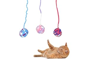 Andiker 3 Stück Katzenspielzeug Wollball mit Glocke und Schnur, Kätzchen Spielzeug Bunte Garnbälle für Indoor Katzen Interaktives Spielen