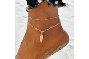 Yean Boho Pendentif Plume Cheville Avec Cristal Rouge Couches Superposées Bracelet De Mode Pied Chaîne Or Pour Femmes Et Filles