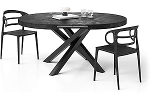 Mobili Fiver, Emma Round Extendable Table, Concrete Effect, Black with Black crossed legs, Made In Italy