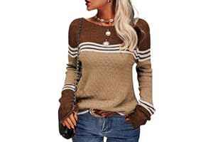 Tankaneo Damen Pullover Colorblock Langarm Rundhals Strickpullover Gestreift Slim Fit Strickwaren Tops