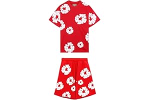 LAQUIEIO Denim Tears Tuta da ginnastica con strappi in denim unisex, completo tuta estiva, maglietta e pantaloncini da uomo, marchio di moda, completo estivo in cotone, pantaloni anni ‘90 con fiori