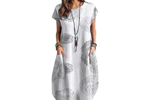 ZANZEA Women Summer Dresses Cotton Linen Dress Plus Size Short Sleeve Baggy Printed Casual Midi Dresses with Pockets