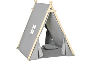 HOMCOM Kinder Teepee Tipi Zelt mit Fenster Indoor Outdoor Kinderspielzelt Spieltipi mit Kissen Polyester Kieferholz Lesen Spielen Ausruhen 3-6 Jahren Grau 130 x 115 x 136 cm