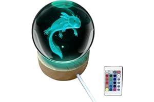 CIMSFCOR Axolotl Lampka nocna z kryształową kulą, 3D, Axolotl, szklana kula, lampka nocna z drewnianą podstawą, 6 cm, lampa Axolotl, kryształowa kula, 16 kolorów, z pilotem zdalnego sterowania, do sypialni,