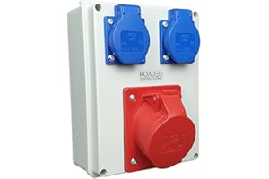 RoadEu - Distribuidor de Corriente - 2x Enchufes Schuko 230V - CEE 16A. Caja cuadro electrico totalmente cableado. Ideal como distribuidor de pared para talleres, cobertizos o jardines