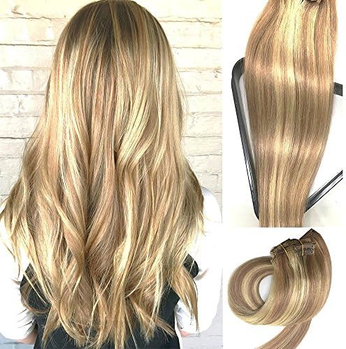 Clip in Hair Extension Human Hair 15 inch 7 Pieces 70g Golden Brown Hair Extensions with Bleach Blonde Highlights Silky Straight Weft Remy Human Hair