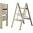 TNTAIAHL 3 Step Ladder Aluminum Lightweight Folding Step Stool Wide Anti-Slip Pedal 330 Lbs Capacity Household Office Portable Stepladder (Champagne Gold)