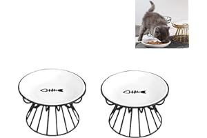 E-YIHESZ 2PCS Elevated Cat Food Bowl, Whisker-Friendly Anti-Vomit Cat Plate, Cat Bowl-Raised Cat Feeder Bowl Stand,Ceramic Elevated Pet Dishes for Pet,Dishwasher Safe