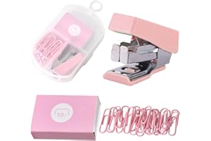LUXVARA Engrapadora Mini 10# con 400 Grapas + 20 Clips - Set Portátil para Niños, Escuela y Oficina - Compacta, Ligera y Antióxido (Metal/Plástico) (Rosa)