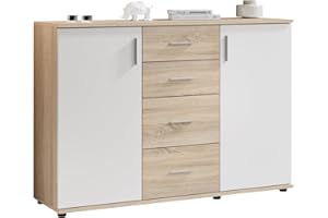 MERCATONE GERMANVOX da oltre 40 anni arreda la tua casa Credenza per Soggiorno, Mobile Ingresso, 2 Ante 4 Cassetti, Rovere Bianco, 120x35x82 cm