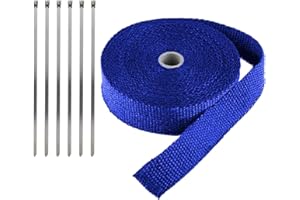 LKRXW Cinta Anticalorica Para Escapes Cinta Aislante Térmica Coche Fibra de Vidrio Banda Aislante Anti Calor Protección Tubo Colector Escape Azul 2,5CM X 5M con 6 Bridas