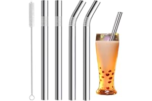 Vinaco Reusable Milkshake Straws & Bubble Tea Straws 12 mm Wide Straws, Set of 4 Stainless Steel Straws 216 mm & 266 mm Long with 1 Brush, Thick Straws for Jumbo Thick Drinks