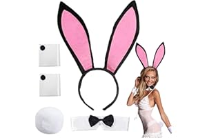 XIEXIESHER 5 Stück Damen Bunny Kostüm Set, Hasenohren Haarreif Fliege Manschetten Schwanz, Bunny Girl Cosplay Kostüm für Damen Ostern Halloween Karneval Cosplay Party
