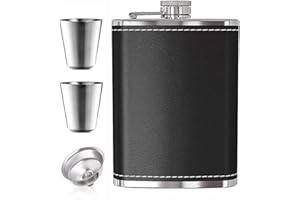 ROIMOE Edelstahl Flachmann 8Oz /240 ml Geschenkset mit Zwei Schnapsgläsern und Trichter Flachmann aus schwarzem Leder Geeignet Zum Tragen von Alkohol