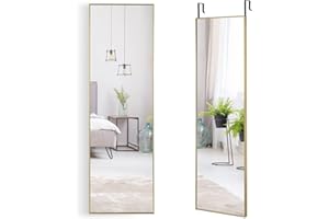 COSTWAY Over the Door Mirror, 120x37cm Full Length Hanging Mirrors with Adjustable Hooks and Aluminum Alloy Frame, Wall Mounted Dressing Mirror for Bathroom, Bedroom and Wardrobe (Gold)