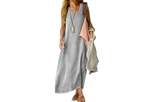 Juketron 2024 Abiti Estivi Donna Scollo a V Senza Maniche Canotta Abito Lungo Tinta Unita Abiti da Spiaggia in Lino di Cotone Abito Estivo Allentato Casual