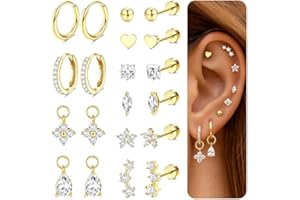 CASSIECA Zestaw 10 par kolczyków ze stali chirurgicznej 316L, kolczyki medyczne i kreole do wielokrotnego piercingu, pozłacane 14-karatowym złotem, helix, tragus, do uszu, kolor srebrny