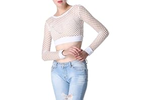 GUOCU Femme Sexy Manche Longue Crop Top Resille Haut Court Noir Coupe Slim Club de Nuit Grande Taille Hollow Out T-Shirt Babydoll Bikini