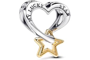 PANDORA Moments Lucky Star & Cœur Charm en Argent Sterling Avec alliage plaqué or, Compatible Avec Les Bracelets Moments 763513C00, Bicolor, Argent Sterling, Pas de gemme