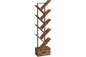 MAHANCRIS Scaffale a Forma di Albero, Libreria a 9 Ripiani Verticali, Scaffale Angolare con Cassetto, per Ufficio, Studio, Soggiorno, Camera da Letto,Marrone Vintage ABKHR7701