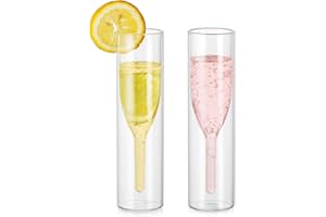 INWEDER Lot de 2 flûtes à champagne sans pied en cristal - Verres à prosecco à double paroi - Verres à vin classiques en forme de tulipe - Verre transparent soufflé à la main pour cadeaux de mariage, fêtes,
