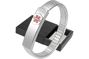 YINOX Medizinisches Notfall-Armband für Damen und Herren, elastischer Edelstahl, personalisierbar (Details im Lift-up-Bereich, individuelle medizinische Karte + Streifen gratis), 19 cm, Edelstahl