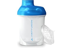 ‎AMITYUNION AMITYUNION Protein Shaker Weiß Blau Deluxe 400 ml - Eiweiß Shaker auslaufsicher - BPA frei mit Sieb & Skala für Cremige Whey Proteinpulver Shakes - Gym Fitness Bottle für Isolate & Trainings Booster