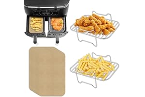 ‎SUN3DRUCKER 2Stücke 304 Edelstahl Heißluftfritteuse Grillrost mit 100 Stücke Backpapier kompatibel mit Ninja Foodi AF300EU AF400EU, Dehydrate Rack Set Dual Zone Air Fryer, Blätter