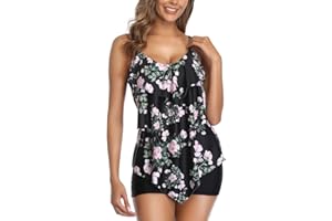 Aidotop Women 2 Piece Flounce Printed Top with Boyshorts Tankini Bathing Swimsuit