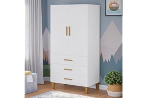 ‎BELLABINO Bellabino Liri Kinderkleiderschrank – Kleiderschrank Kinderzimmer 2-türig mit 3 Schubladen in Weiß/Natur – Babyzimmer Schrank für Mädchen & Jungen – 183 x 56 x 90 cm (HxTxB)