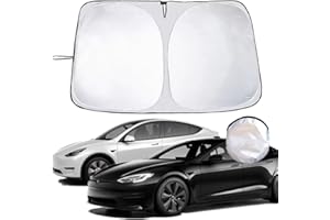 COLDCHILL Foldable Car Windshield Sun Shade, Car Front Window Glass Sun Shade, 240t Thickened Polyester, Double Layer Silver Coated, Reflective Heat and Block UV Rays for Tesla Models (56''×37'')