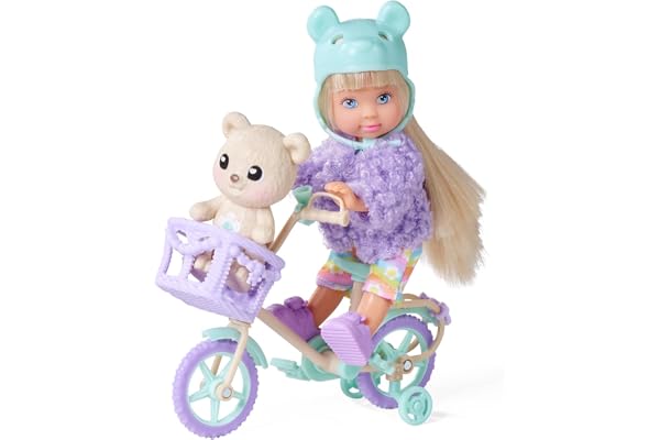 Evi Love Teddy Bike, lekdocka med en fluffig jacka, med björnhjälm, skor, cykel och teddy, 12 cm, från 3 år