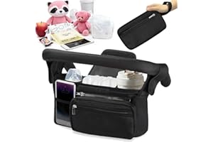 Cartlant Universal Pram Organiser Bag with 2 Insulated Cup Holder, Baby Buggy Stroller Caddy Tidy with Detachable Phone Compartment and Extra Storage, Pushchair Handle Bags Accessories (Black)