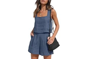Geagodelia Set di Pantaloncini da Donna 2 Pezzi Canotta Lino + Pantaloncini Tuta Casual da Donne Estiva per Spiaggia Vacanza