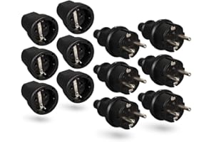 HEITECH PROMOTION GMBH HEITECH 6x Fiche mâle et 6x prise femelle électrique en caoutchouc - Jeu de fiches mâle et femelle avec protection anti courbures, noir, 250V, 16A, IP20 usage intérieur - Fiche electrique