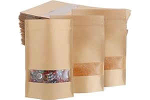 TsunNee Kraftpapier aufrecht stehende Lebensmittelbeutel, Kraftpapier-Lebensmittelaufbewahrungstüten, wiederverwendbare Druckverschlussbeutel Verpackungsbeutel (60, 12 x 20 cm)