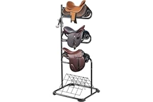 VEVOR Support de Selle Cheval, Porte-Selle Anglais Western Autoportant, Niveaux Rotatifs, Rangement de Couverture et Coussin, pour Matériels Chevaux d'Équitation, Organisation de Sellerie, d'Écuries