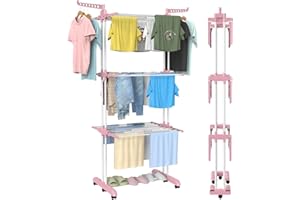 ‎INNOTIC Innotic Clothes Airer with Wheels Foldable 4 Levels Clothes Airer Tower Stand Dryer Clothes Airer Space Saving with Wings Laundry Tower for Indoor and Outdoor Use (Foldable Wheels Pink White)