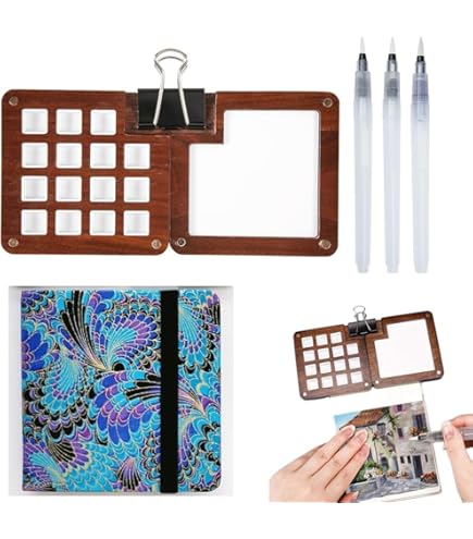Set Mini Tavolozza Acquerelli Da Viaggio - 15 Scomparti, Con Pennelli E Quaderno, Legno E Magnetica - Foto 9