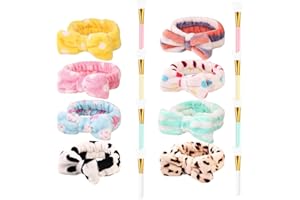 Angelkiss 8-Piece Spa Headband Set with Silicone Face Mask Brush - Coral Fleece Makeup Headbands for Women, Shower & Skincare