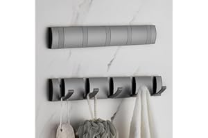 Hoquare Coat Hooks Wall Mounted with 5 Hooks, Grey Heavy Duty Floating Coat Racks, Retractable Hooks for Living Room Door Entryway for Hanging Hats, Scarves, Umbrella and Keys
